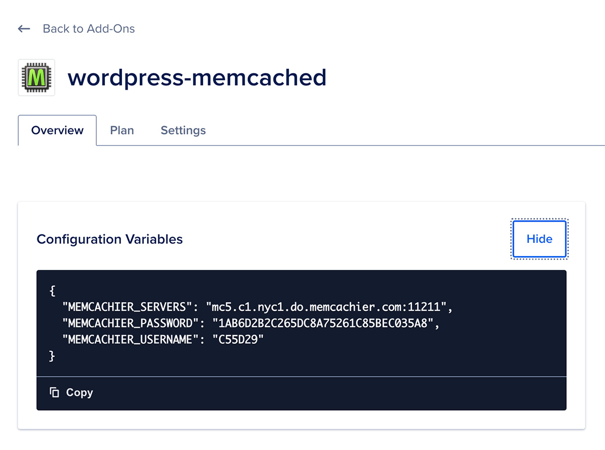 Screenshot of the DigitalOcean Marketplace MemCachier Add-On configuration variables