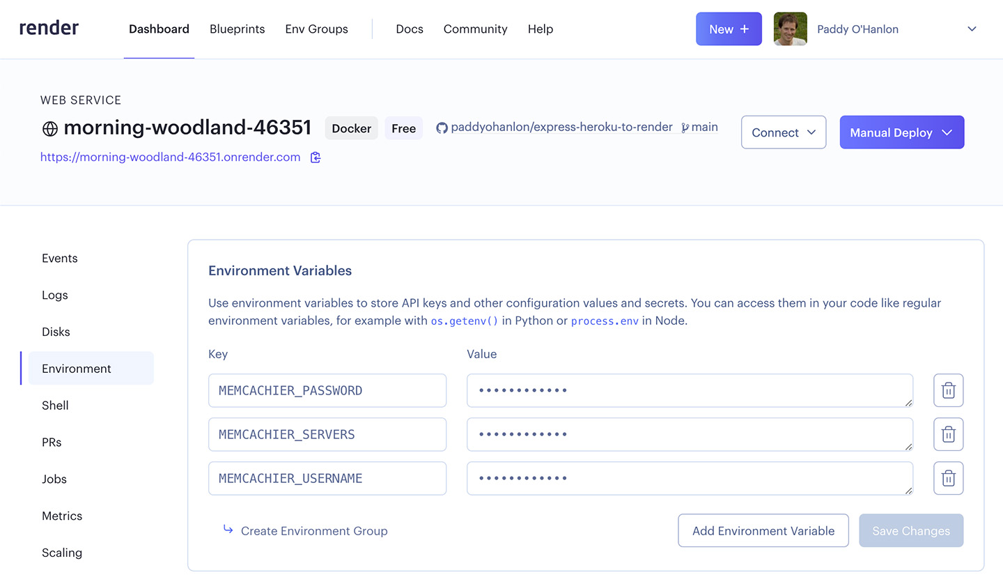 Screenshot of Render.com Environment Variables web service settings
