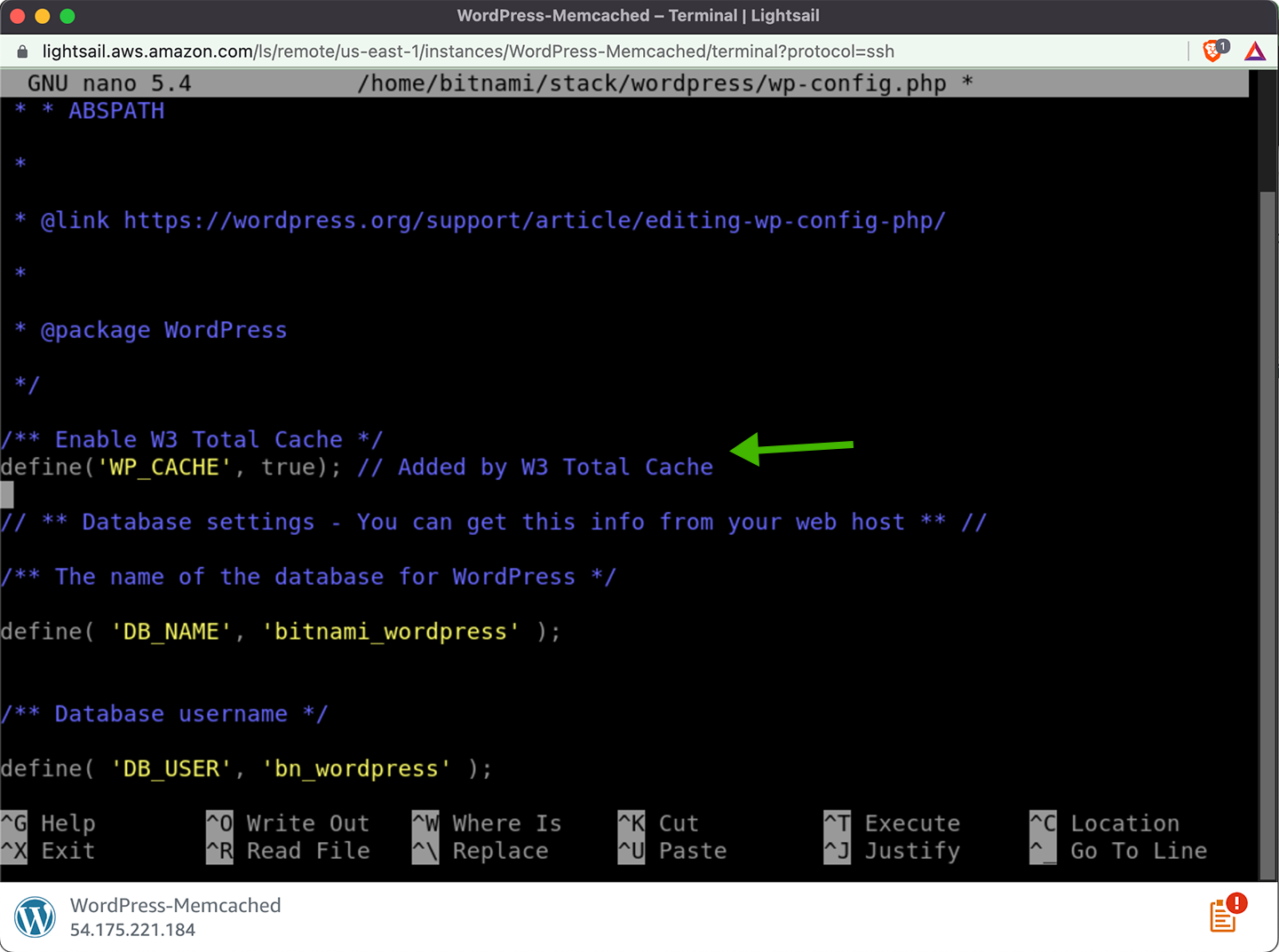 Screenshot of the Lightsail in-browser terminal showing wp-config.php with W3 Total Cache configuration
