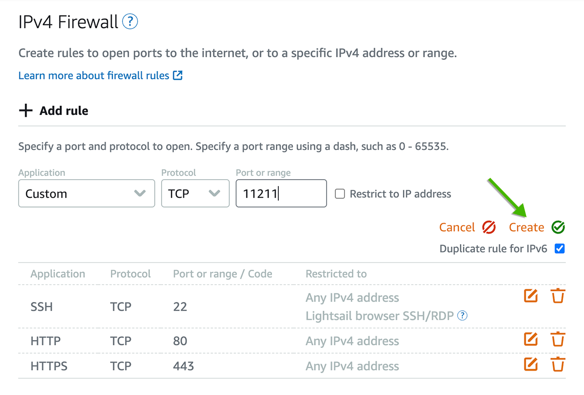 Screenshot of the Lightsail instance Networking tab showing a new firewall rule for port 11211