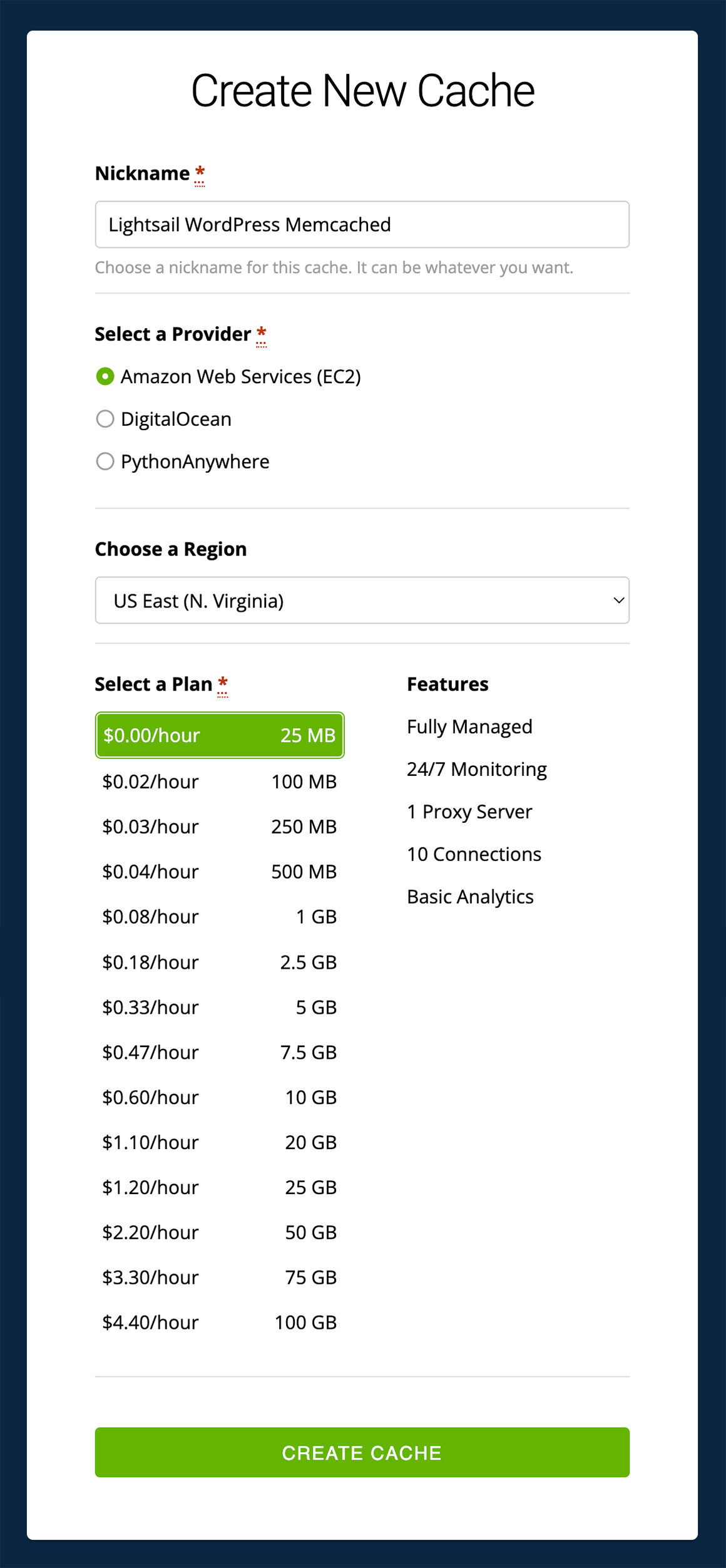 Screenshot of the MemCachier create cache page
