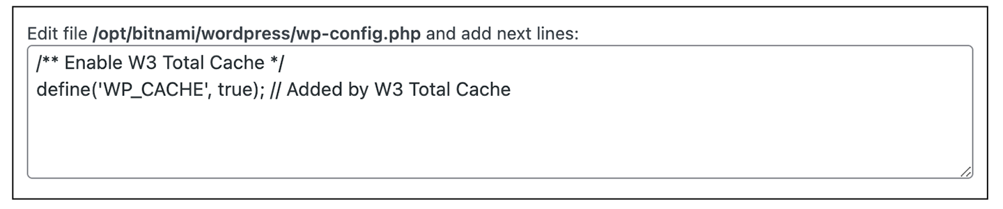 Screenshot of W3 Total Cache wp-config.php error changes to add manually