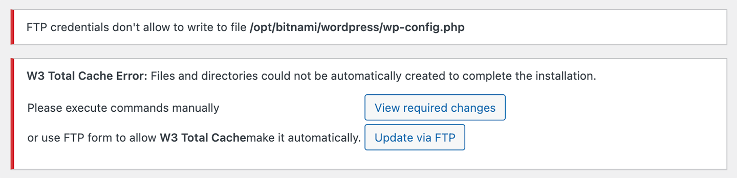 Screenshot of the W3 Total Cache wp-config.php permissions error messages