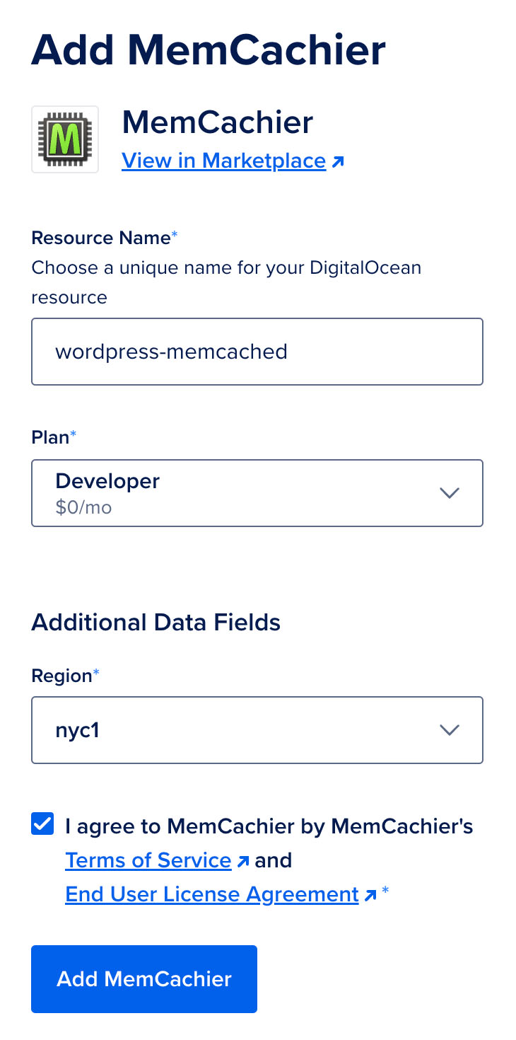 Screenshot of the DigitalOcean Marketplace MemCachier Add-On create page