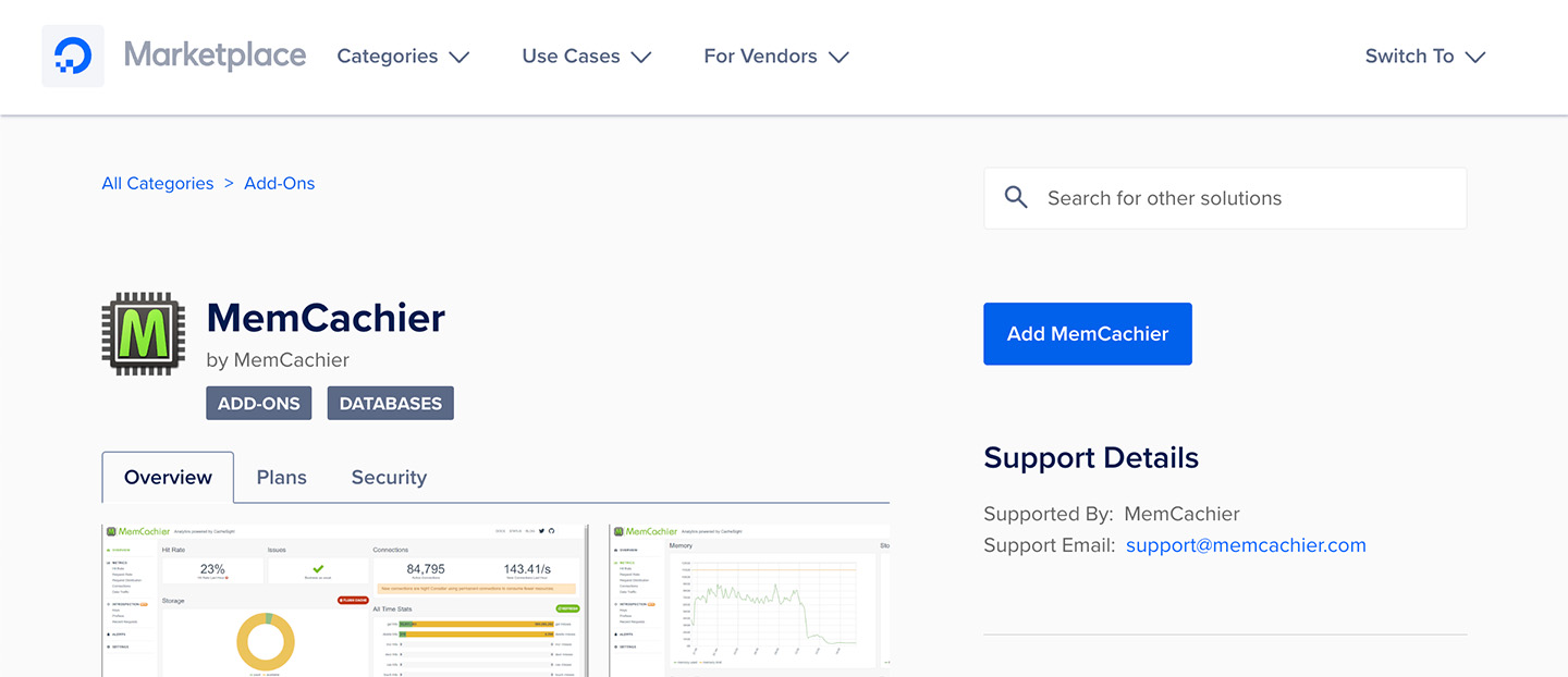Screenshot of the MemCachier Add-On on the DigitalOcean Marketplace