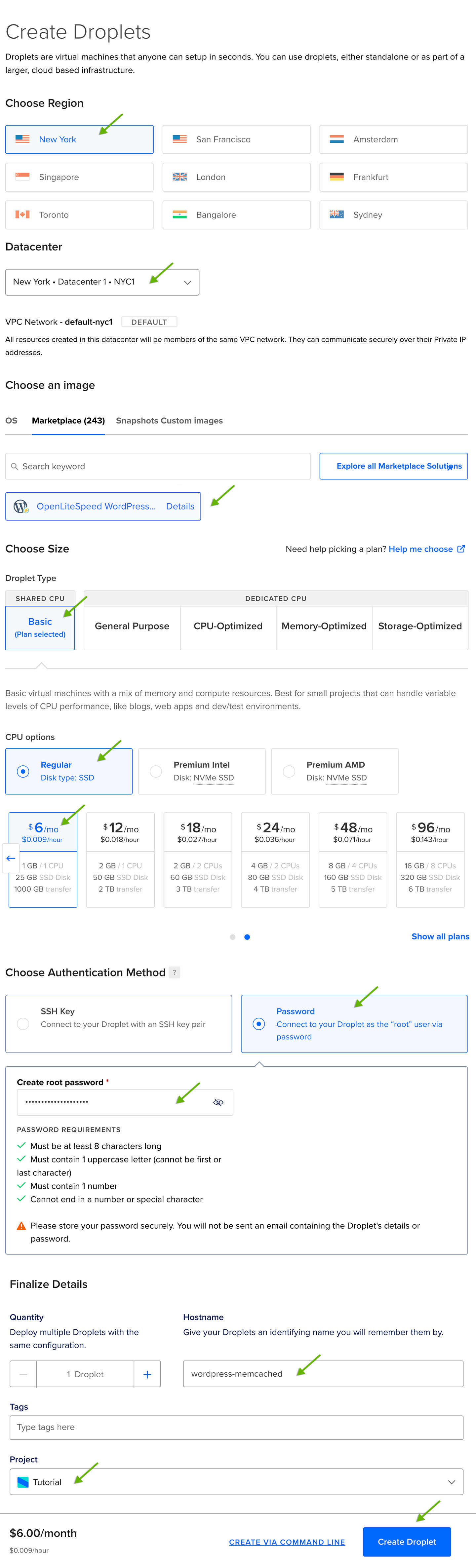 Screenshot of the DigitalOcean create Droplet page creating an OpenLiteSpeed WordPress Droplet