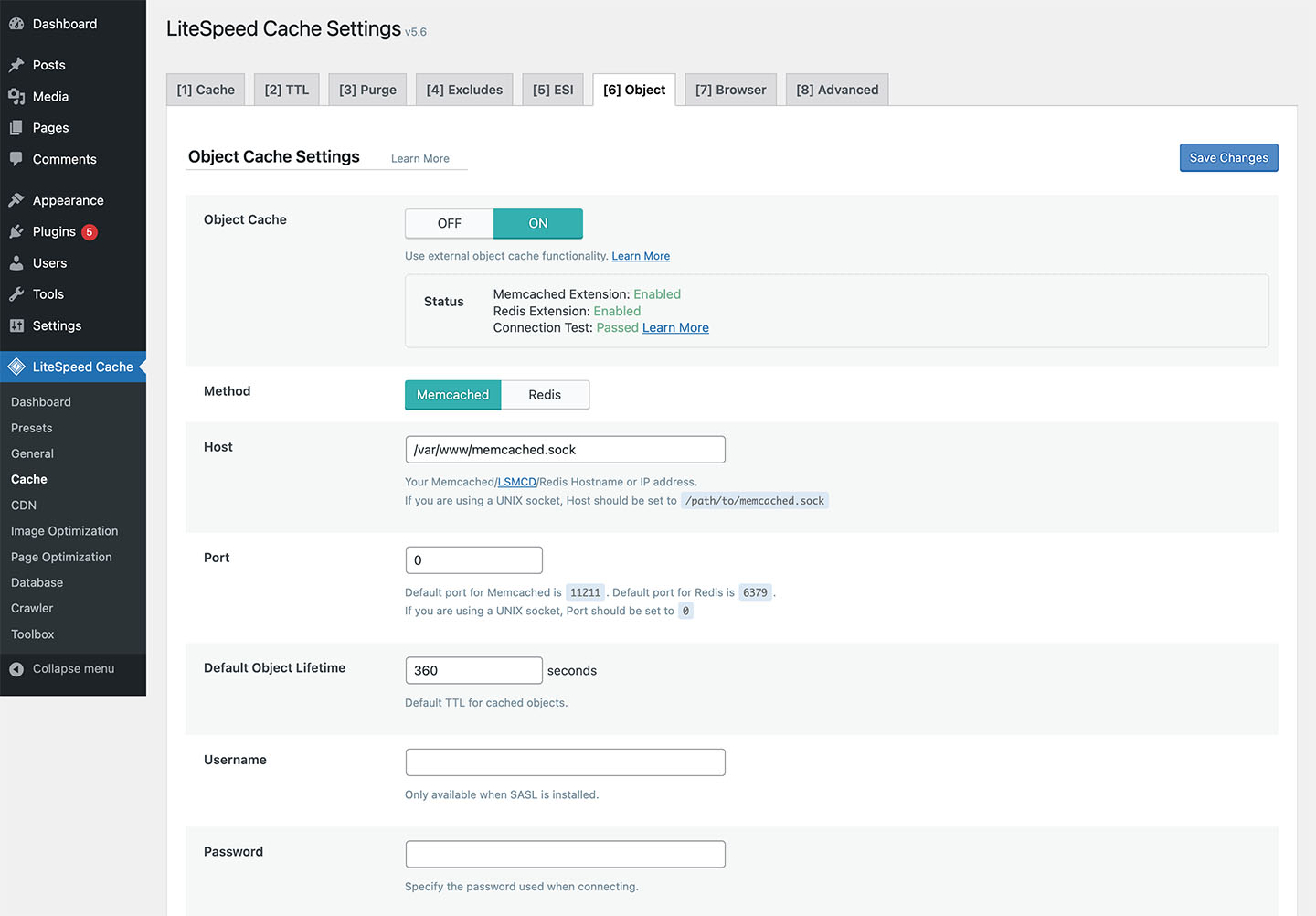 Screenshot of the LiteSpeed Cache WordPress plugin cache settings showing default Memcached settings