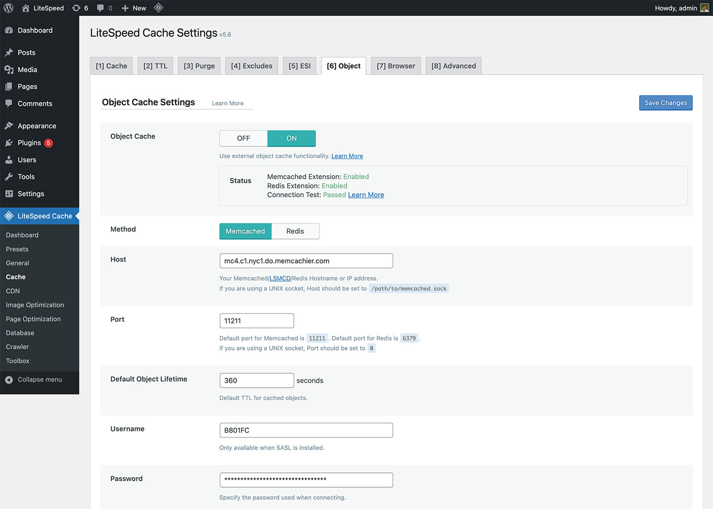 Screenshot of the LiteSpeed Cache WordPress plugin cache settings page with MemCachier configured