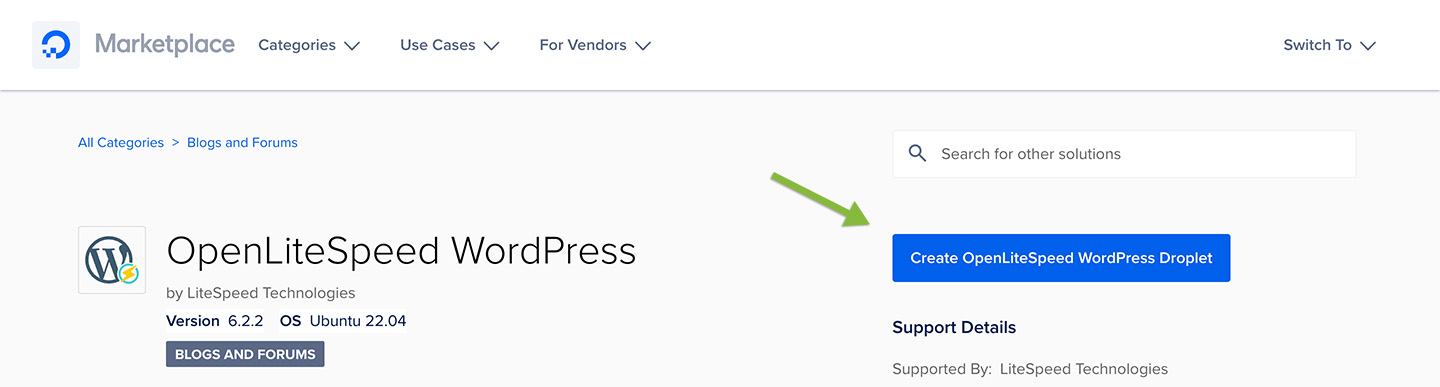 Screenshot of the OpenLiteSpeed WordPress Droplet page on the DigitalOcean Marketplace