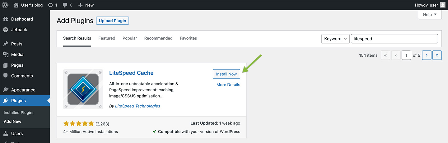 Screenshot of the WordPress plugin page showing LiteSpeed Cache