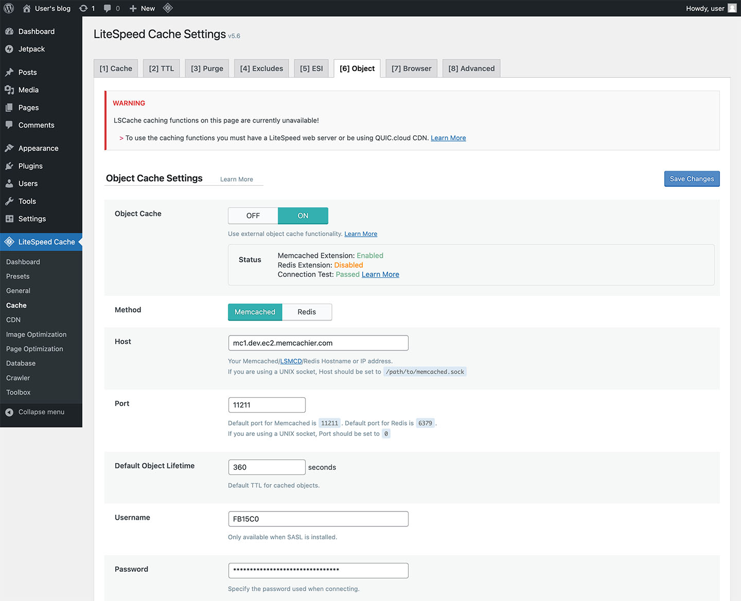 Screenshot of the LiteSpeed Cache WordPress plugin cache settings page with MemCachier configured