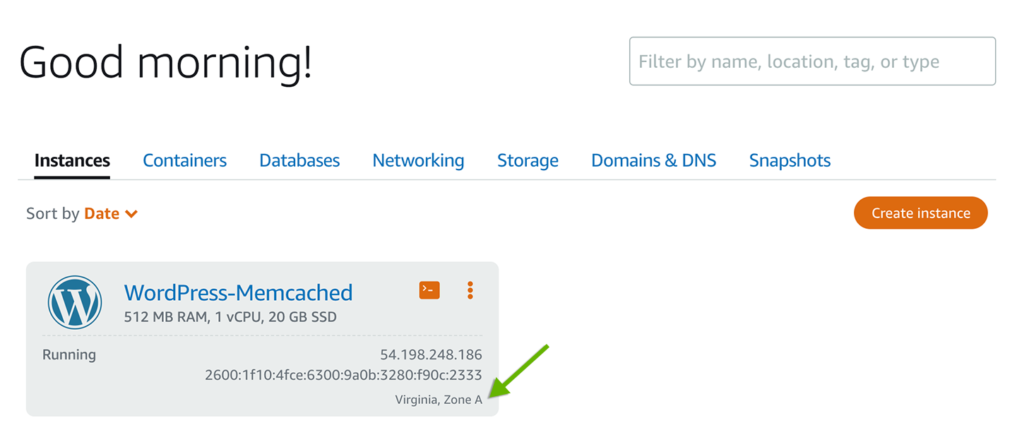 Screenshot of the Lightsail instance dashboard showing its AWS region