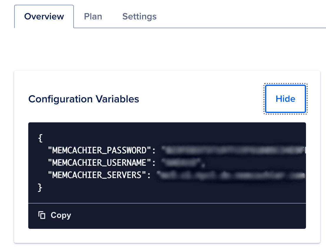Screenshot of the configuration variables for the MemCachier DigitalOcean Marketplace Add-On