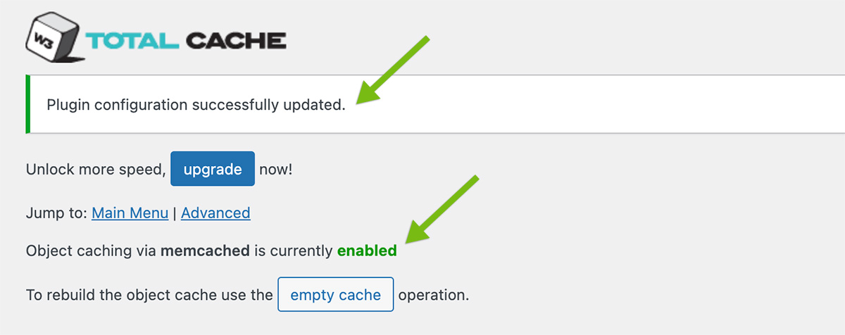 Screenshot of a W3 Total Cache notice saying that caching via memcached is currently enabled