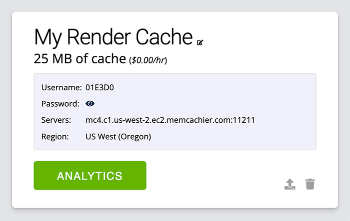 Screenshot of the MemCachier caches dashboard with a Render.com cache