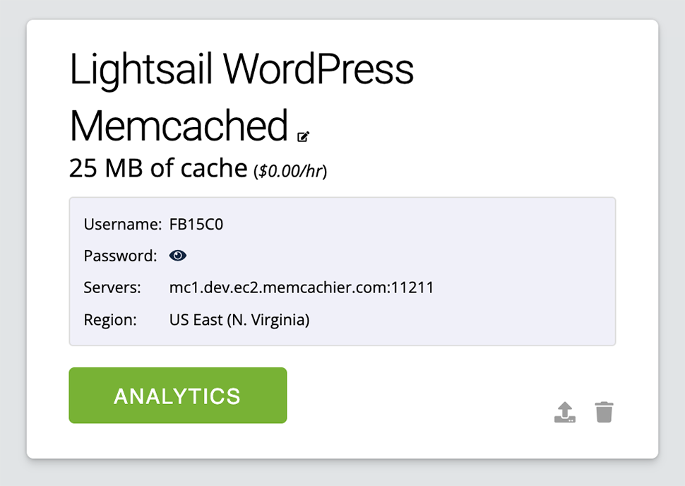 Screenshot of the MemCachier caches dashboard showing cache credentials