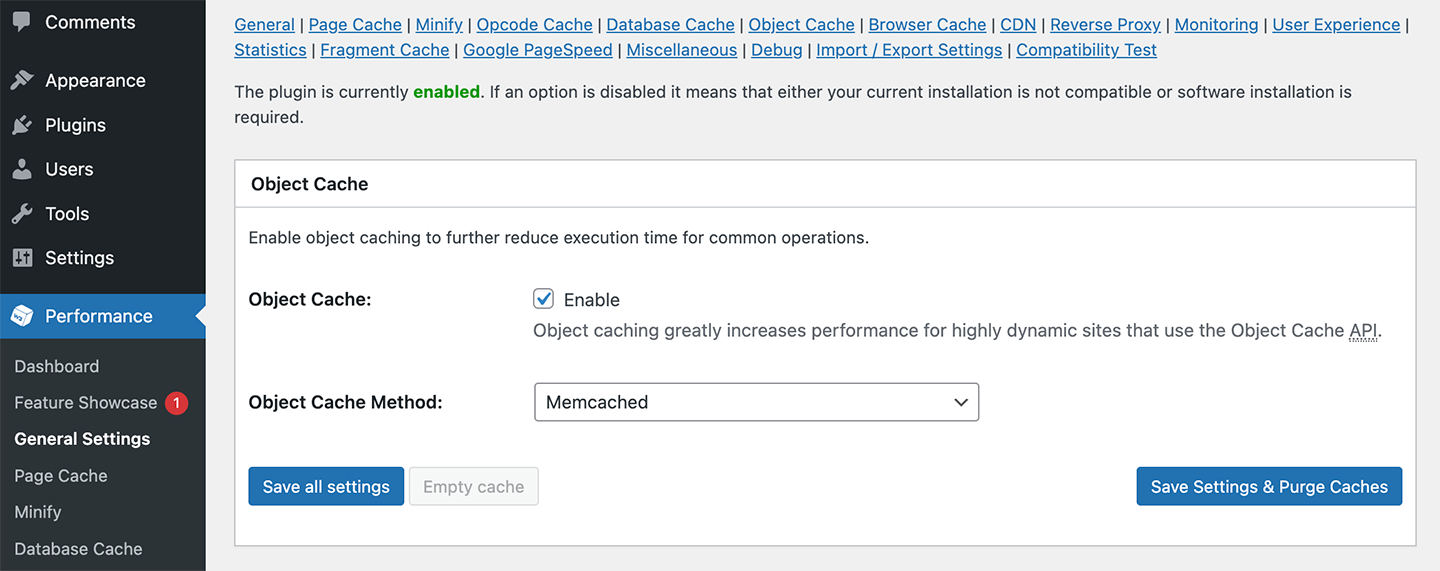 Screenshot of the W3 Total Cache General Settings view show the Object Cache options